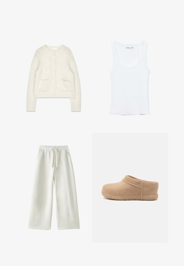 Cardigan tricoté couleur crème avec un col rond, une fermeture à six boutons, deux poches avant et des poignets côtelés. Texture douce.; Débardeur blanc uni sans manches avec encolure arrondie, fabriqué en tissu doux, étiquette à l'intérieur du col indiquant la marque et la taille.; Pantalon blanc à jambes larges avec taille élastique, cordon de serrage à l'avant, poches latérales, et détails de coutures visibles sur un fond uni.; Sabot en daim brun clair à enfiler avec un petit talon et le logo UGG sur le côté, présenté sur un fond blanc uni.