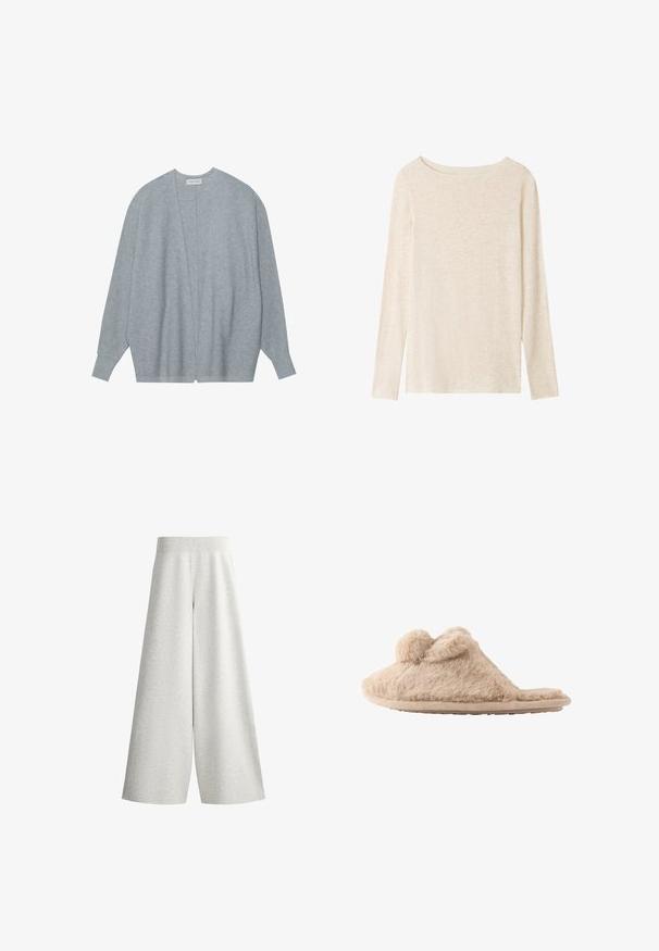 Lichtgrijze cardigan van zacht materiaal, met een open voorkant, lange mouwen en een relaxte pasvorm met subtiele ribbelstructuur.; Lichtbeige fijngebreide top met lange mouwen, boothals en een subtiele gemêleerde structuur.; Lichtgrijze gebreide broek met wijde pijpen, een geribde elastische tailleband en details op de zijpanelen, getoond op een witte achtergrond.; Beige, pluizige instapslof met twee pompons bovenop en een platte zool, ontworpen voor binnenshuis gebruik.