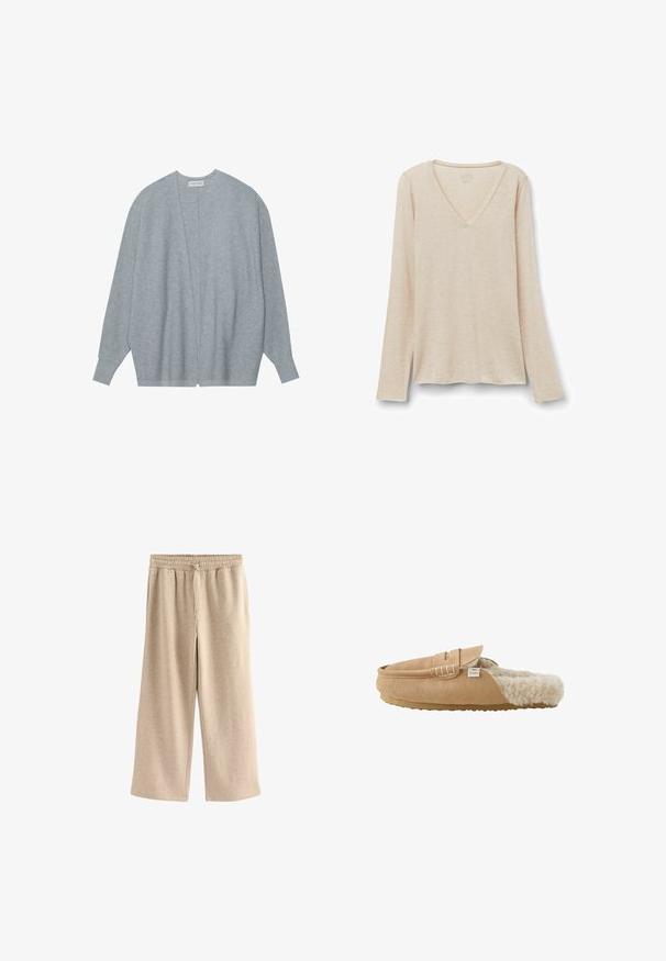 Lichtgrijze cardigan van zacht materiaal, met een open voorkant, lange mouwen en een relaxte pasvorm met subtiele ribbelstructuur.; Langarm V-hals top in lichtbeige stof met een zachte textuur. Relaxte pasvorm met een rechte zoom en een minimalistisch ontwerp.; Crème-kleurige wijde broek gemaakt van een zachte katoenmix. Heeft een elastische tailleband met trekkoord en een subtiele gespikkelde textuur.; Lichtbruine suède instapslof met zachte crèmekleurige nepbontvoering en een vlakke rubberen zool, zijaanzicht.