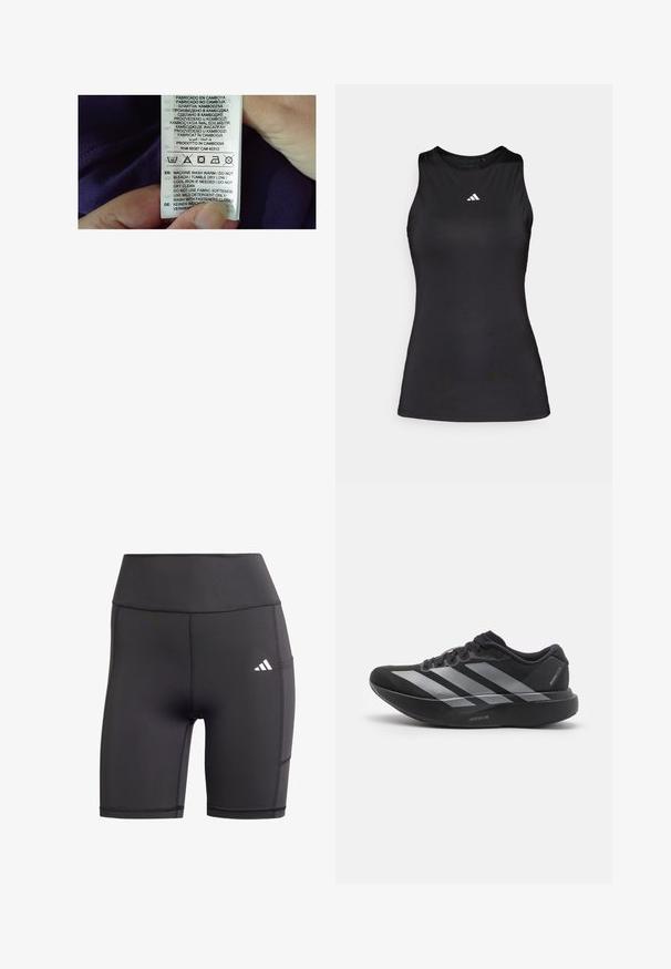 Hånd, der holder en hvid tøjetikette med vaske-symboler og instruktioner på flere sprog på en mørk stofbaggrund.; Sort ærmeløs atletisk top lavet af glat stof. Har en rund halsudskæring og et lille hvidt Adidas-logo på brystet.; Sorte atletiske shorts lavet af strækbart materiale, med høj talje, flade sømme og et hvidt logo på venstre hofte.; Sort løbesko med sølvstriber, tyk polstret sål mærket "Lightstrike Pro," set fra siden på hvid baggrund.