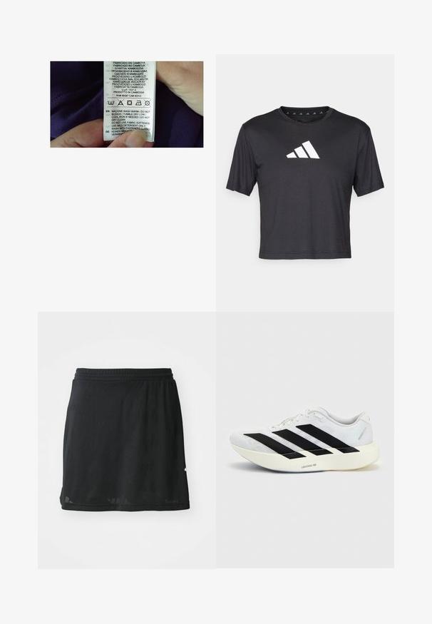 Hånd, der holder en hvid tøjetikette med vaske-symboler og instruktioner på flere sprog på en mørk stofbaggrund.; Sort cropped t-shirt lavet af glat stof, prydet med et hvidt Adidas-logo på brystet, rund halsudskæring og korte ærmer.; Sort atletisk nederdel lavet af letvægts, struktureret stof. Har en bred, elastisk talje og et subtilt geometrisk mønster.; Hvid løbesko med sort tre-stribet design på siden og tyk hvid sål mærket "Lightstrike Pro" på ensfarvet baggrund.