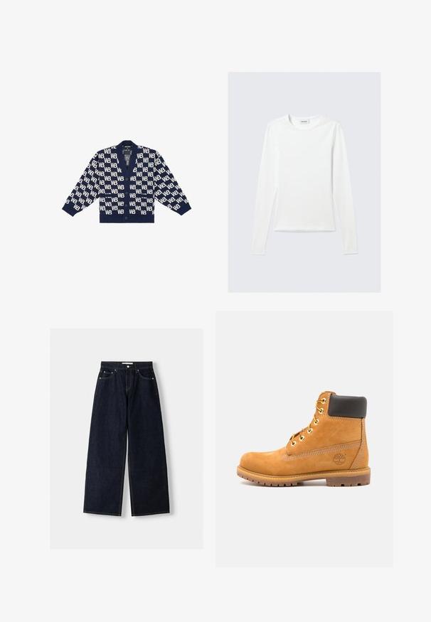 Navyblauwe cardigan met een herhalend wit "WB"-patroon, geribde manchetten, een v-hals en vijf knopen aan de voorkant. Zachte textuur.; Effen wit shirt met lange mouwen en ronde hals, slim fit, afgebeeld tegen een lichtgrijze achtergrond.; Donkerblauwe denim wijduitlopende jeans met een hoge taille, vijf zakken, contrasterende stiksels en zilveren metalen hardware. Gladde textuur en een nette afwerking.; Bruine leren enkelboot met zwarte voering, gouden oogjes en een gestructureerde zool. Kenmerkt zich door een cirkelvormig logo aan de zijkant en stikselaccenten.