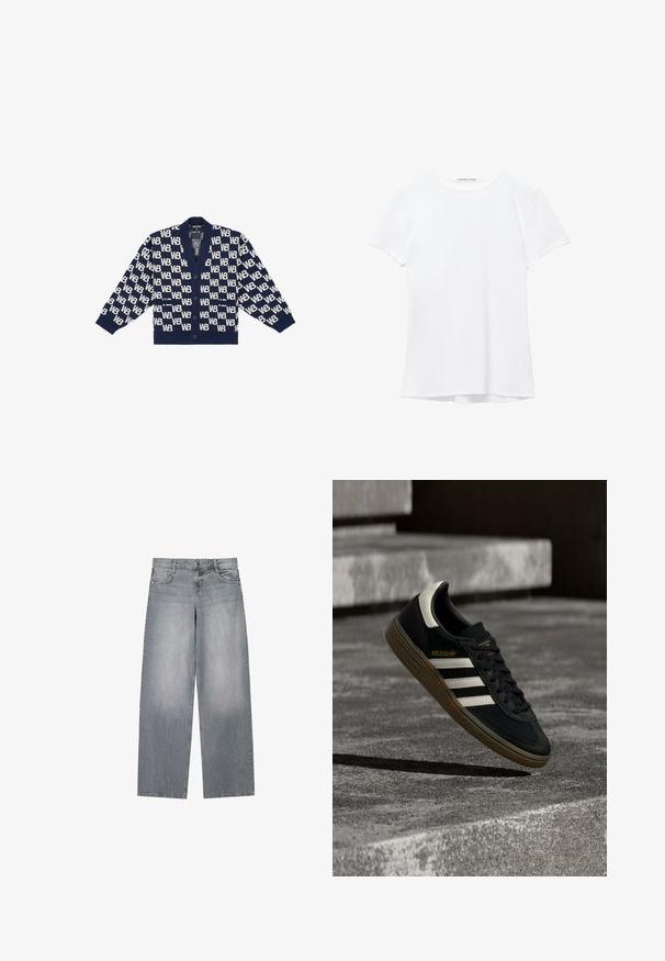Cardigan bleu marine avec un motif répété "WB" en blanc, des poignets côtelés, un col en V et cinq boutons sur le devant. Texture douce.; T-shirt blanc à manches courtes en tissu lisse, avec un col rond et de subtils détails de couture à l'ourlet.; Jean denim gris à jambes larges avec un lavage délavé, doté d'une fermeture classique à bouton et zip, cinq poches et des coutures contrastées.; Baskets Adidas noires avec des bandes blanches et une semelle en gomme flottant au-dessus d'escaliers en béton gris sous une lumière naturelle.