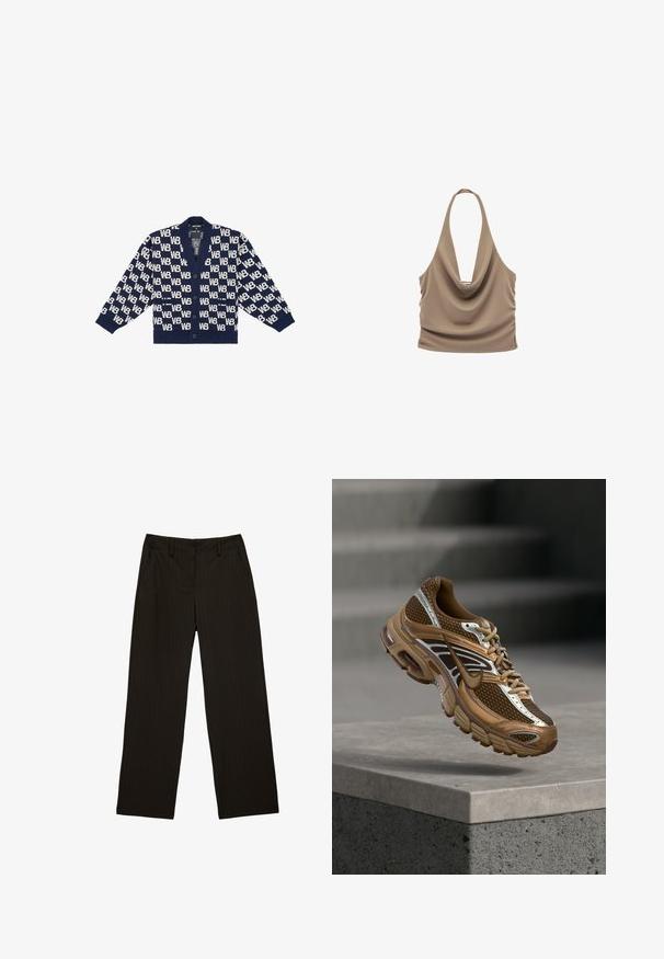 Marineblauer Cardigan mit einem wiederholenden weißen "WB"-Muster, gerippten Bündchen, einem V-Ausschnitt und fünf Knöpfen auf der Vorderseite. Weicher Stoff.; Ärmelloses beiges Neckholder-Top mit drapiertem Ausschnitt und gerafften Seiten, entworfen für eine figurbetonte, stylische Optik.; Schwarze, weit geschnittene Hosen mit dezenten, vertikalen Nadelstreifen, Gürtelschlaufen und Fronttaschen.; Brauner und beiger Nike-Sneaker mit Mesh- und reflektierenden Details schwebt über einer Betonkante vor einem verschwommenen grauen Hintergrund.