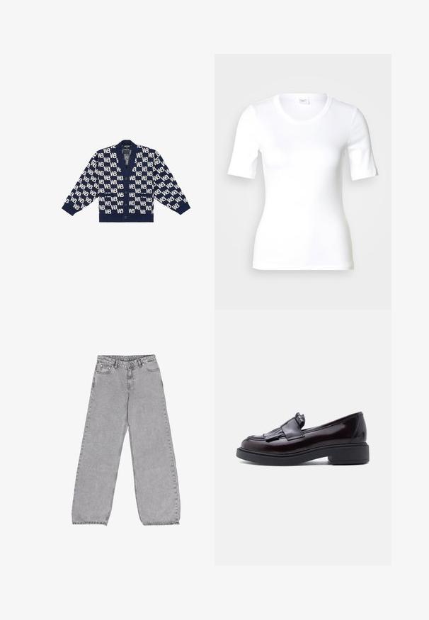 Marineblå cardigan med et gentaget hvidt "WB" mønster, ribbede manchetter, v-hals og fem knapper ned foran. Blød tekstur.; Hvid T-shirt med korte ærmer lavet af glat bomuld, med rund halsudskæring og en tætsiddende pasform. Klassisk design uden mønstre eller detaljer.; Grå brede jeans lavet af denim, med et klassisk fem-lomme design og høj talje, samt subtile falmninger og sy-detaljer.; Skinnende mørk bourgognefarvet læderloafers med frynset remdetalje, sort sål og lav blokhæl, vist i profil mod en lys baggrund.