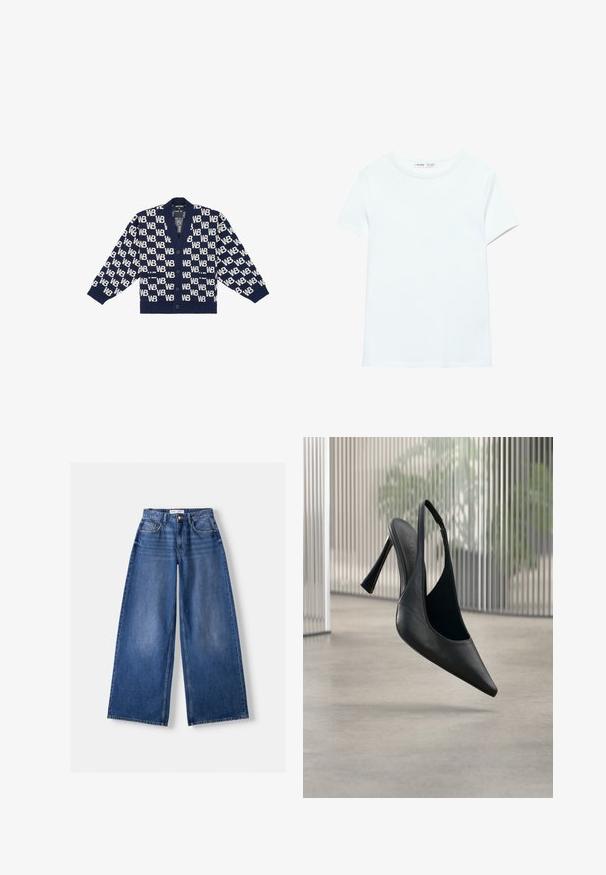 Marineblå cardigan med et gentaget hvidt "WB" mønster, ribbede manchetter, v-hals og fem knapper ned foran. Blød tekstur.; Ensfarvet hvid kortærmet bomuldst-shirt med rund hals, vist fladt på hvid baggrund, uden synlige mønstre eller logoer.; Bredbenet blå denimjeans med forlommer, bæltestropper og knaplukning, lagt fladt på en lys baggrund.; Sort læder slingback stilet hælsko med spids tå, svævende over en glat beton gulv og vertikal metal panel baggrund.