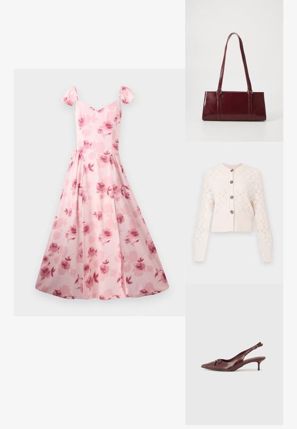 Creme strikket cardigan med lange ærmer, knaplukning foran, ribbet kant og et delikat hulmønster i diamantform.; Rosa blomsterkjole med korte puffærmer, en tætsiddende liv og en flagrende nederdel. Har et subtilt rosemønster og en glat stofstruktur.; Bordeaux læder slingback hæl med spidse tå, justerbar rem og dekorativ sløjfedetalje foran. 7,5 cm hælhøjde.; Bordeaux håndtaske lavet af glansfuldt materiale, rektangulær form, med to skulderremme og subtile buede detaljer på forsiden.