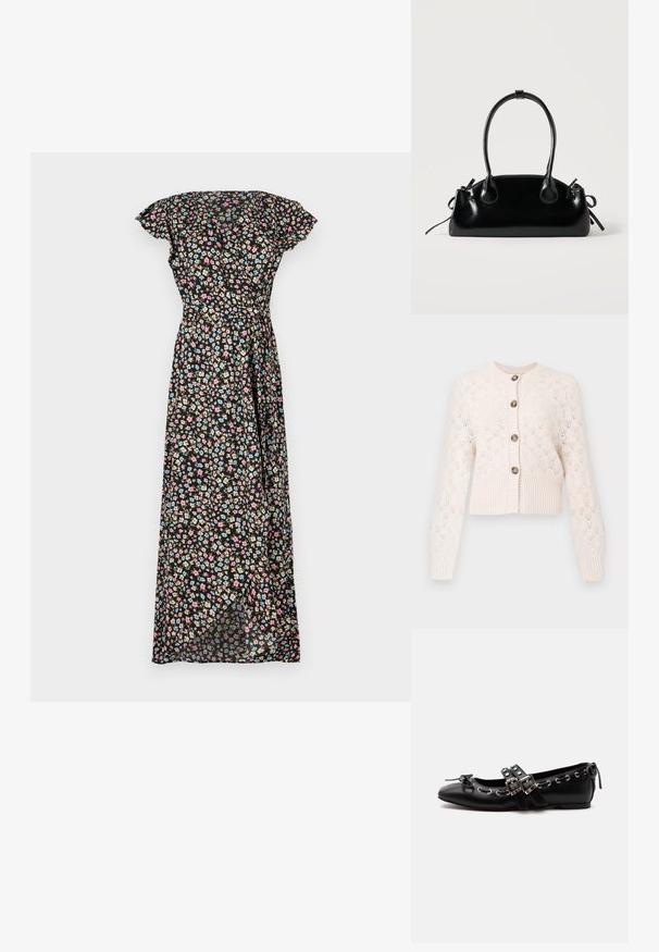 Creme strikket cardigan med lange ærmer, knaplukning foran, ribbet kant og et delikat hulmønster i diamantform.; Sort blomster maxi kjole med korte flæseærmer, featuring en tætsiddende talje og en svævende nederdel prydet med pink, blå og beige blomster.; Sort flad balletsko med dobbelt spænde, sølvøjer og en lille sløjfe nær den runde tå på en hvid baggrund.; Lille sort blank håndtaske med to lange håndtag og snøre-detaljer i siden på en ensfarvet lys baggrund.