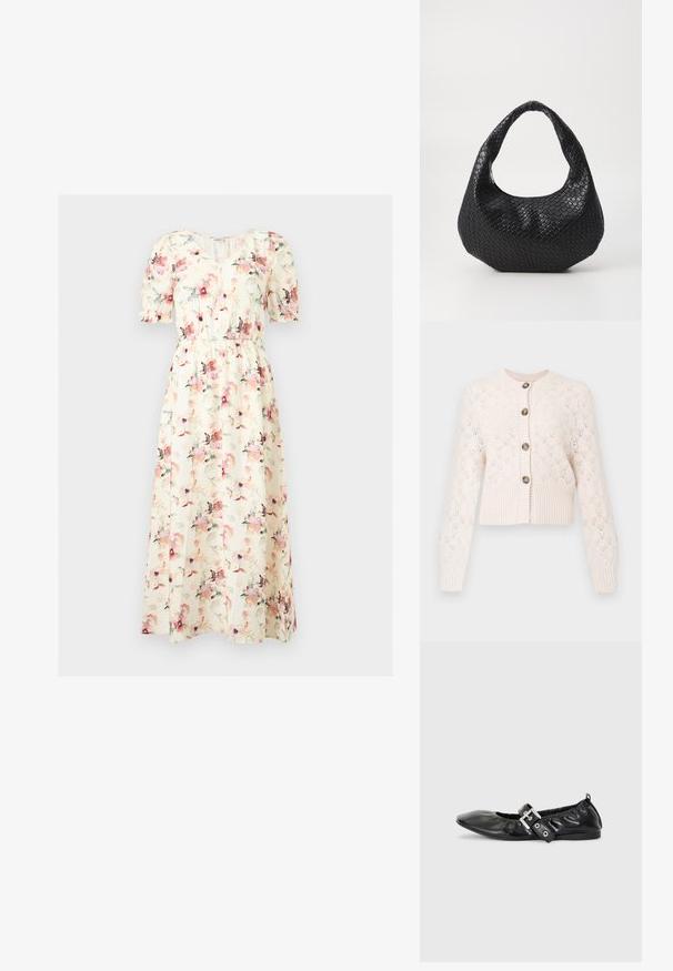 Creme strikket cardigan med lange ærmer, knaplukning foran, ribbet kant og et delikat hulmønster i diamantform.; Krem midi kjole med pink og lilla akvarelblomstermønster, korte puffærmer, V-udskæring og elastisk talje.; Sorte læder flade sko med spids tå, samling detaljer omkring åbningen, og en sølv spænde accent på den justerbare rem.; Sort flettet håndtaske med et buet håndtag, der har en struktureret overflade og en afslappet form. Glat finish med en organisk silhuet.