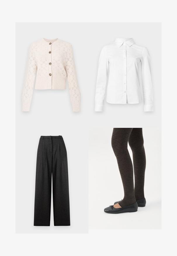 Creme strikket cardigan med lange ærmer, knaplukning foran, ribbet kant og et delikat hulmønster i diamantform.; Hvid skjorte med lange ærmer, knapper, spids krave, lige kant og tætsiddende silhuet, vist på en ensartet lys baggrund.; Bredde bukser i mørkegrå ternet mønster med høj talje, læg og en struktureret pasform. Fremstillet af tekstureret stof.; Ben iført mørke ribbede leggings kombineret med sorte balletsko med små sløjfedetaljer på hvid baggrund.