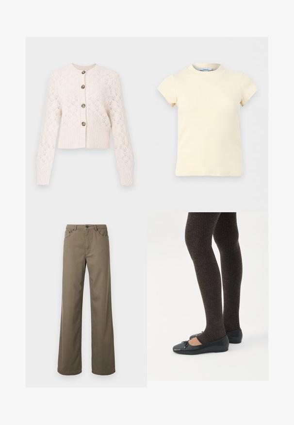 Creme strikket cardigan med lange ærmer, knaplukning foran, ribbet kant og et delikat hulmønster i diamantform.; Kremfarvet, ribstrikket top med korte ærmer og rund halsudskæring, lavet af strækstof, vist mod en ensfarvet lysegrå baggrund.; Bukser med brede ben i olivengrøn bomuld, der har lukning med knap, bæltestropper og fem-lomme-design med en glat, holdbar tekstur.; Ben iført mørke ribbede leggings kombineret med sorte balletsko med små sløjfedetaljer på hvid baggrund.