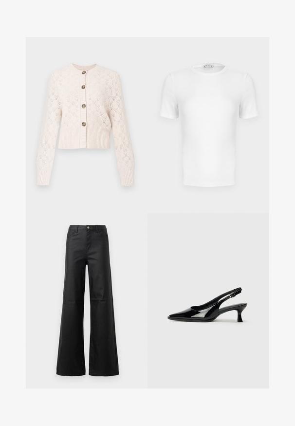 Creme strikket cardigan med lange ærmer, knaplukning foran, ribbet kant og et delikat hulmønster i diamantform.; Hvid ribstrikket T-shirt med korte ærmer, rund hals og tætsiddende pasform samt en lille mærkeetiket inde i kraven.; Sorte brede jeans lavet af glat denim, med knaplukning, forlommer og højtaljede design.; Sorte patenterede slingback-sko med spidse tæer og lav blokhæl. Justerbar spænde-rem ved anklen.
