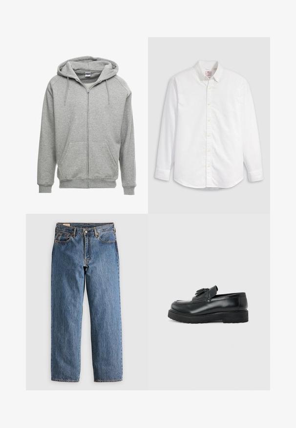 Grijze zip-up hoodie met een ruime capuchon, kangoeroe-zakken en geribbelde manchetten. De stof lijkt zacht en gestructureerd, geschikt voor casual wear.; Wit overhemd van katoen met lange mouwen, een kraag en een gebogen zoom. Voorzien van gele knopen en subtiele merkdetails.; Blauwe denim jeans met een rechte snit, met een hoge taille, koperen klinknagels en oranje stiksels. Voor- en achterzakken inbegrepen.; Zwarte leren loafer met kwastjes, dikke rubberen zool en lage hak, zijaanzicht op een effen achtergrond.