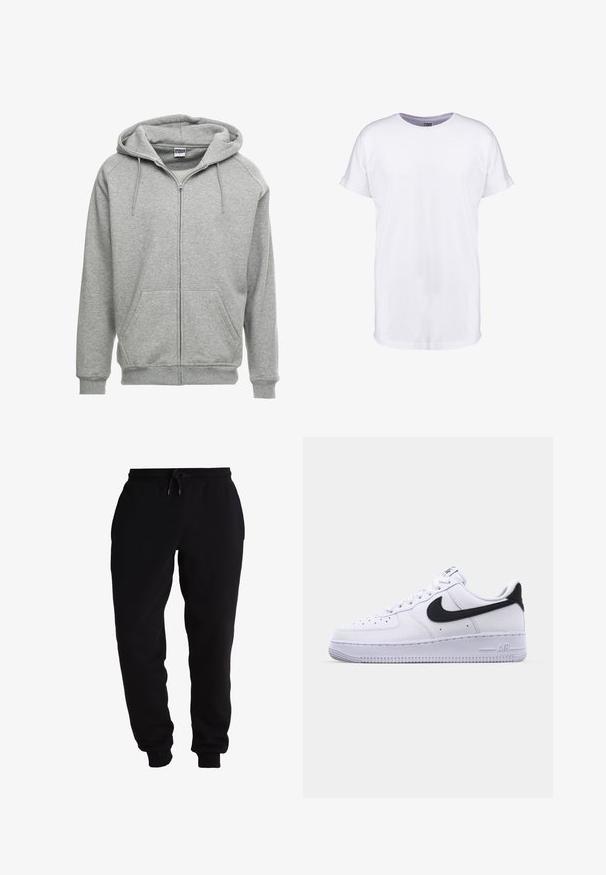 Grijze zip-up hoodie met een ruime capuchon, kangoeroe-zakken en geribbelde manchetten. De stof lijkt zacht en gestructureerd, geschikt voor casual wear.; Witte katoenen t-shirt met korte mouwen, ronde halslijn en een comfortabele pasvorm. Glad textuur en geen zichtbare patronen of ontwerpen.; Zwarte sweatpants van zachte stof, met een elastische tailleband en een trekkoord, taps toelopende pijpen en zijvakken.; Witte leren sneaker met een gestructureerde zwarte Swoosh, platte veters en een rubberen zool met een geribbeld patroon. "AIR" is in de hak geperst.