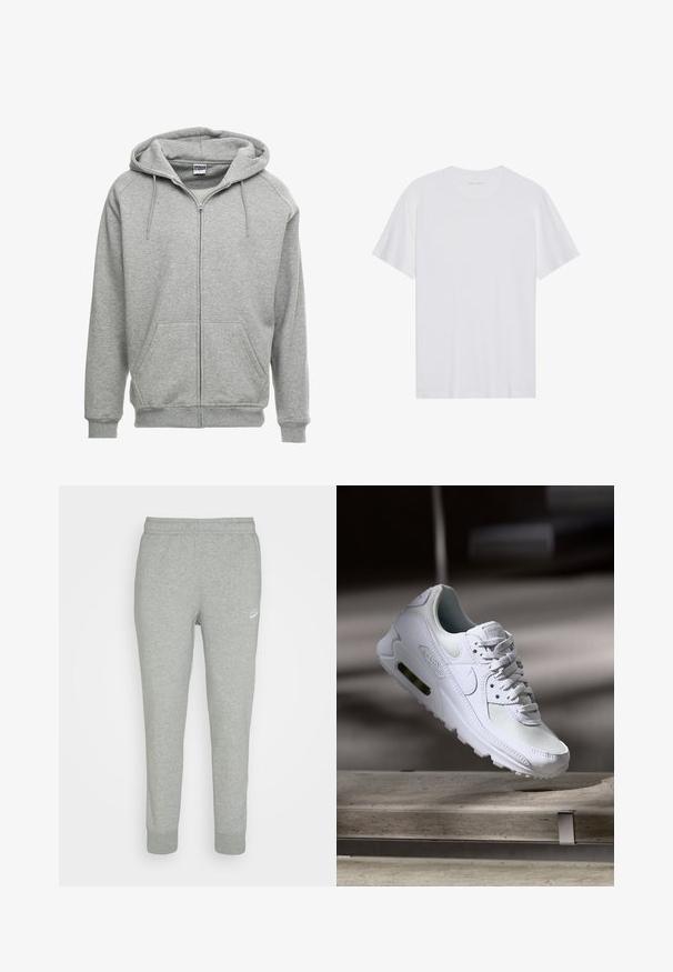 Grijze zip-up hoodie met een ruime capuchon, kangoeroe-zakken en geribbelde manchetten. De stof lijkt zacht en gestructureerd, geschikt voor casual wear.; Witte katoenen T-shirt met korte mouwen, een ronde hals en een gladde textuur. Heeft minimale branding op de halslijn.; Grijze trainingsbroek van zacht materiaal, met een taps toelopend ontwerp, elastische tailleband en klein wit Nike-logo op de linker bovenbeen.; Witte Nike Air Max 90 sneaker met een bovenwerk van mesh en leer, een geperforeerde teenbox en een zichtbare luchtunit in de hiel.
