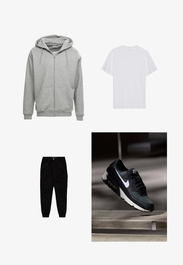 Grijze zip-up hoodie met een ruime capuchon, kangoeroe-zakken en geribbelde manchetten. De stof lijkt zacht en gestructureerd, geschikt voor casual wear.; Witte katoenen T-shirt met korte mouwen, een ronde hals en een gladde textuur. Heeft minimale branding op de halslijn.; Zwarte cargobroek van katoen, met twee vozakken en twee zijcargozakken, voorzien van elastische boorden en een elastische tailleband.; Zwart-grijze Nike Air Max sneaker met witte swoosh, zwevend boven een betonnen oppervlak tegen een wazige donkere achtergrond.