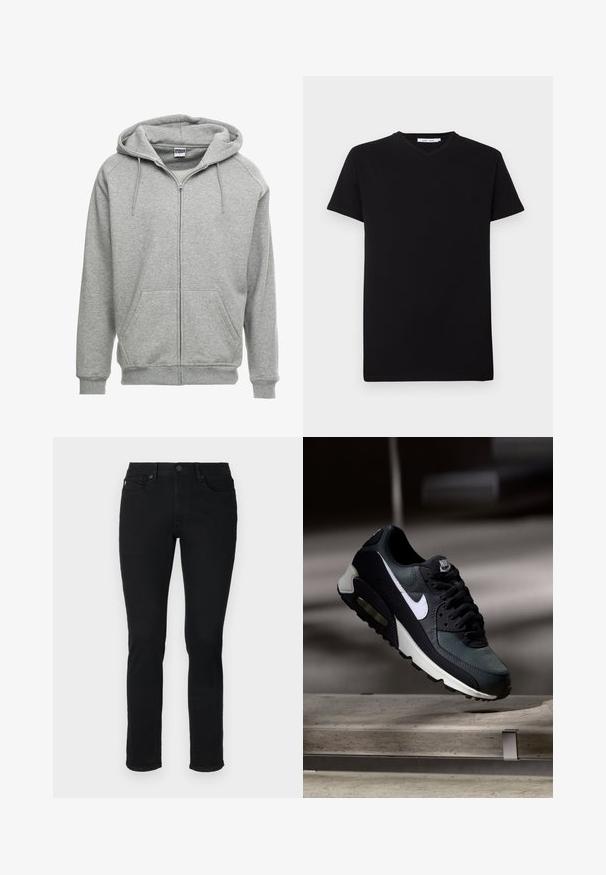 Sweat à capuche zippé gris avec une capuche spacieuse, des poches kangourou et des poignets côtelés. Le tissu semble doux et texturé, adapté pour un usage décontracté.; T-shirt en coton noir avec des manches courtes et un col en V. Design simple, couleur unie et texture douce. Aucune motif ou accent visible.; Jean en denim noir avec une coupe slim, design à cinq poches, passants de ceinture et fermeture à bouton à la taille.; Baskets Nike Air Max noires et grises avec un logo blanc, suspendues au-dessus d'une surface en béton sur un fond sombre flou.