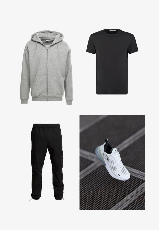 Grijze zip-up hoodie met een ruime capuchon, kangoeroe-zakken en geribbelde manchetten. De stof lijkt zacht en gestructureerd, geschikt voor casual wear.; Zwarte katoenen t-shirt met een ronde halslijn en korte mouwen. De stof heeft een gladde textuur en geen patronen of accenten. Regular fit.; Zwarte cargobroek van duurzaam materiaal, met een elastische tailleband, verstelbare trekkoorden en zijzakken met kleppen.; Witte sportieve sneaker met geperforeerde mesh bovenkant, zwarte accenten, zichtbare veters en een doorzichtige luchtkussenzool.