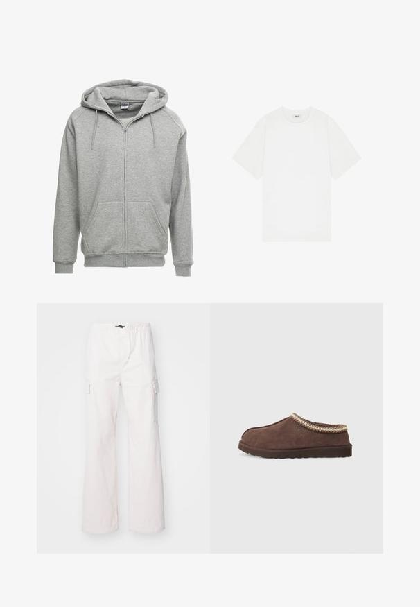 Grå zip-up hættetrøje med en rummelig hætte, kengurulommer og ribbede manchetter. Stoffet ser blødt og tekstureret ud, velegnet til afslappet brug.; Hvid kortærmet t-shirt lavet af bomuld, med en rund halsudskæring og et diskret logo på brystet, samt en glat overflade.; Denim Project DPMDPPARACHUTE CARGO PANTS - Cargobukser - jet stream; UGG TASMAN II - Hjemmesko - dusted cocoa / dusted cocoa