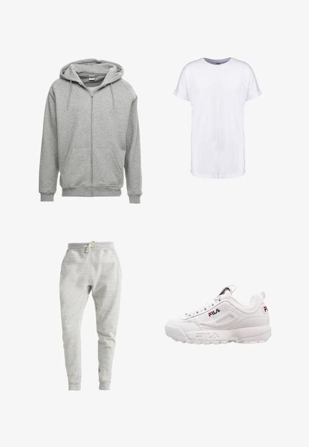 Sweat à capuche zippé gris avec une capuche spacieuse, des poches kangourou et des poignets côtelés. Le tissu semble doux et texturé, adapté pour un usage décontracté.; T-shirt blanc uni à manches courtes avec poignets retroussés et col rond, présenté sur fond blanc.; Pantalon de survêtement gris clair en tissu doux et texturé. Dispose d'une taille élastique avec cordon de serrage et de poignets côtelés. Deux poches latérales.; Baskets blanches de sport avec un dessus en cuir lisse, un col rembourré, des panneaux latéraux texturés et un logo de marque en rouge et bleu.