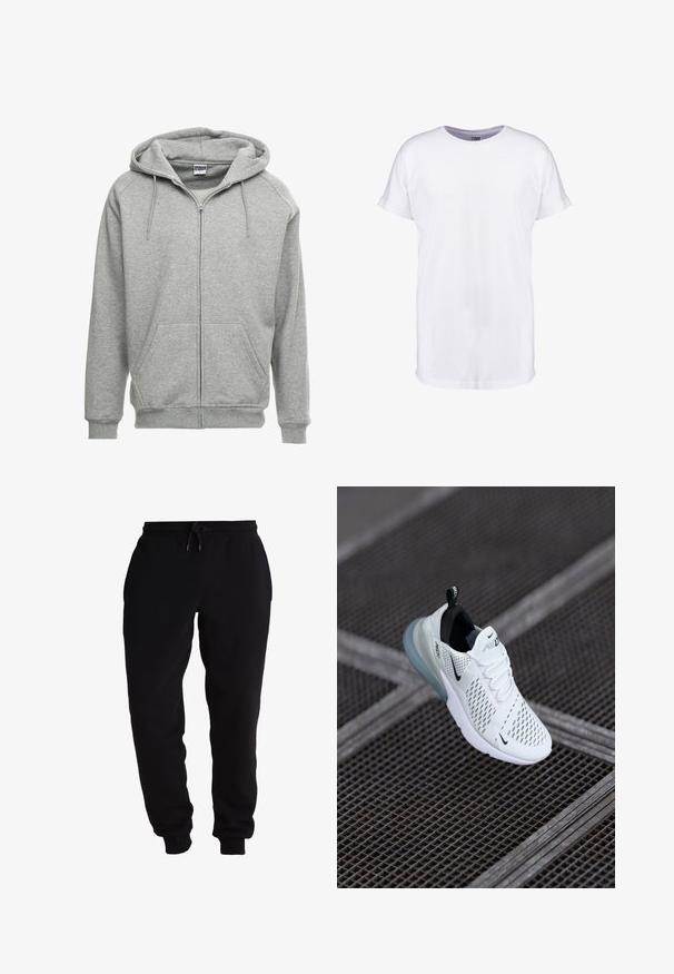 Grijze zip-up hoodie met een ruime capuchon, kangoeroe-zakken en geribbelde manchetten. De stof lijkt zacht en gestructureerd, geschikt voor casual wear.; Effen witte T-shirt met korte mouwen, opgerolde manchetten en een ronde hals, afgebeeld op een witte achtergrond.; Zwarte sweatpants van zachte stof, met een elastische tailleband en een trekkoord, taps toelopende pijpen en zijvakken.; Witte sportieve sneaker met geperforeerde mesh bovenkant, zwarte accenten, zichtbare veters en een doorzichtige luchtkussenzool.