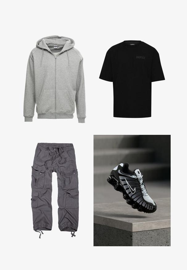 Grå zip-up hættetrøje med en rummelig hætte, kengurulommer og ribbede manchetter. Stoffet ser blødt og tekstureret ud, velegnet til afslappet brug.; Sort bomulds-t-shirt med korte ærmer, rund halsudskæring og subtil "DROPSIZE" logo på venstre bryst. Standard pasform.; Grå cargo bukser med flere lommer, snoreliv, knaplukning, tapered ben og en tekstureret stoffinish.; Sort og hvid Nike løbesko svævende over en betonoverflade med en trappet stens baggrund.