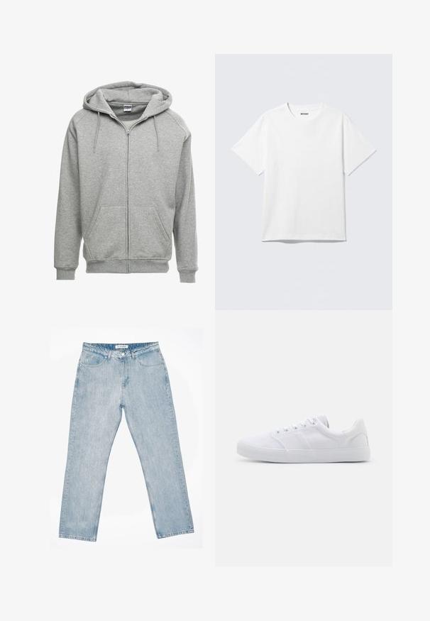 Grijze zip-up hoodie met een ruime capuchon, kangoeroe-zakken en geribbelde manchetten. De stof lijkt zacht en gestructureerd, geschikt voor casual wear.; Witte T-shirt met korte mouwen en ronde hals, plat gelegd, effen ontwerp, met een "WEEKDAY" label in de kraag op een lichte achtergrond.; Lichtblauwe jeans met rechte pijpen, voorste knoopsluiting, riemlussen en een ontwerp met vijf zakken, plat liggend op een witte achtergrond.; Witte canvas sneakers met een rubberen zool, voorzien van zes oogjes, een gestructureerde neuskap en een minimalistisch ontwerp.
