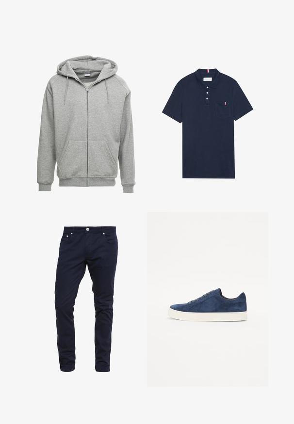 Grijze zip-up hoodie met een ruime capuchon, kangoeroe-zakken en geribbelde manchetten. De stof lijkt zacht en gestructureerd, geschikt voor casual wear.; Marine polo shirt van katoen met een kraag, een drieknoopsluiting en een linkse borstzak met een rood, wit en blauwe accentstreep.; Navy blauwe slim-fit broek van een katoenmix, met een knoopsluiting, vijf zakken en subtiele stiksel details.; Marineblauwe suède sneakers met een ronde neus, vijf veters, een witte rubberen zool en een minimalistisch ontwerp. Glad textuur, geen zichtbare patronen.