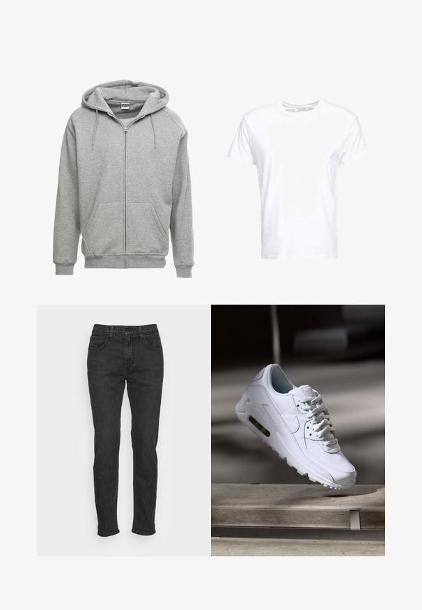 Grijze zip-up hoodie met een ruime capuchon, kangoeroe-zakken en geribbelde manchetten. De stof lijkt zacht en gestructureerd, geschikt voor casual wear.; Witte katoenen t-shirt met een ronde hals en korte mouwen, in een klassiek model met een gladde textuur. Geen patronen of hardware zichtbaar.; Zwarte denim jeans met een slim fit, voorzien van vijf zakken, riemlussen en subtiele stiksels. Versleten textuur over de stof.; Witte leren sneaker met gestructureerde oppervlakken, gevoerde kraag en zichtbare luchtbescherming in de zool. Heeft veters en een minimalistisch ontwerp.