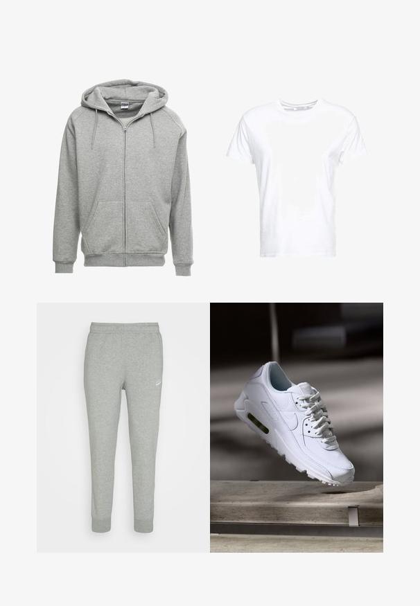 Grå zip-up hættetrøje med en rummelig hætte, kengurulommer og ribbede manchetter. Stoffet ser blødt og tekstureret ud, velegnet til afslappet brug.; Hvid bomulds t-shirt med rund halsudskæring og korte ærmer, i en klassisk pasform og glat tekstur. Ingen mønstre eller hardware synlige.; Grå sweatpants lavet af blødt stof, med tapered ben design, elastisk talje og lille hvid Nike-logo på venstre lår.; Hvide lædersneakers med teksturerede overflader, polstret krave og synlig luftpolstring i sålen. Har snørrebånd og et minimalistisk design.