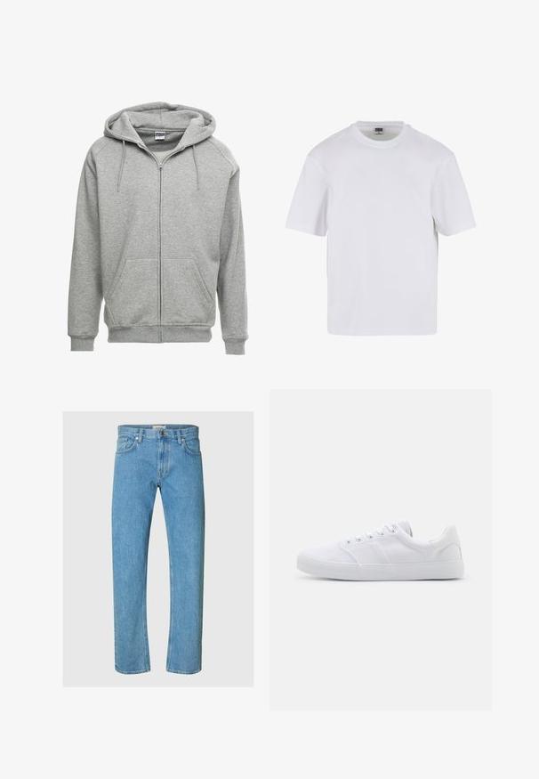 Grijze zip-up hoodie met een ruime capuchon, kangoeroe-zakken en geribbelde manchetten. De stof lijkt zacht en gestructureerd, geschikt voor casual wear.; Witte kraagloze t-shirt met korte mouwen, gemaakt van katoen. Heeft een ronde halslijn en een losse pasvorm. Soepele textuur, minimalistisch ontwerp, geen patronen of accenten.; Lichtblauwe denim jeans hebben een recht model, vijf-pocket stijl en een ritssluiting met een metalen knoopsluiting.; Witte canvas sneakers met een rubberen zool, voorzien van zes oogjes, een gestructureerde neuskap en een minimalistisch ontwerp.