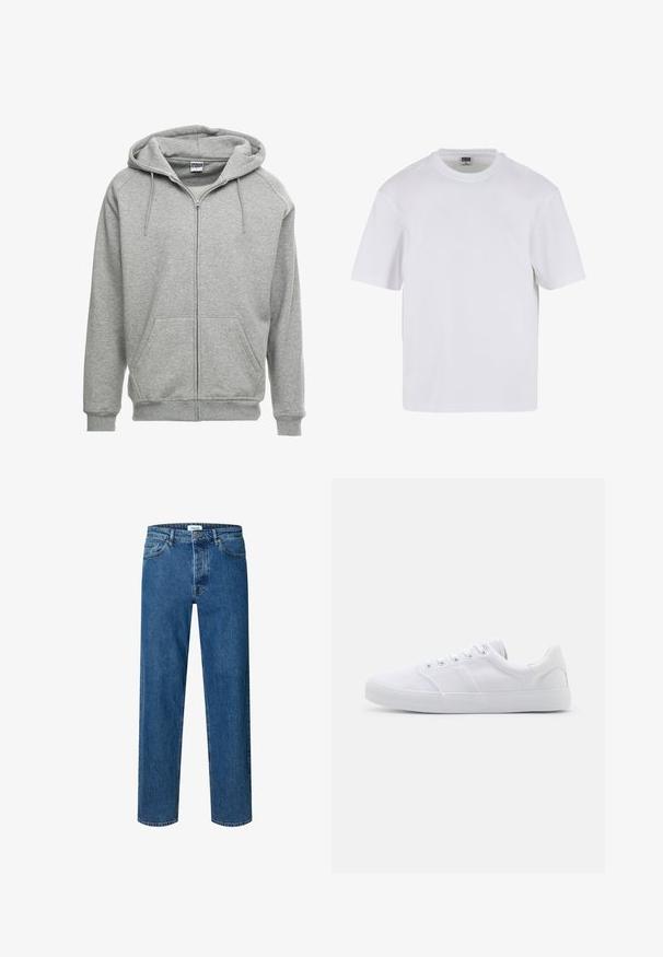 Grijze zip-up hoodie met een ruime capuchon, kangoeroe-zakken en geribbelde manchetten. De stof lijkt zacht en gestructureerd, geschikt voor casual wear.; Witte kraagloze t-shirt met korte mouwen, gemaakt van katoen. Heeft een ronde halslijn en een losse pasvorm. Soepele textuur, minimalistisch ontwerp, geen patronen of accenten.; Blauwe straight-leg denim jeans met knoop- en ritssluiting, ceintuurlussen en een vijfzakkenontwerp.; Witte canvas sneakers met een rubberen zool, voorzien van zes oogjes, een gestructureerde neuskap en een minimalistisch ontwerp.