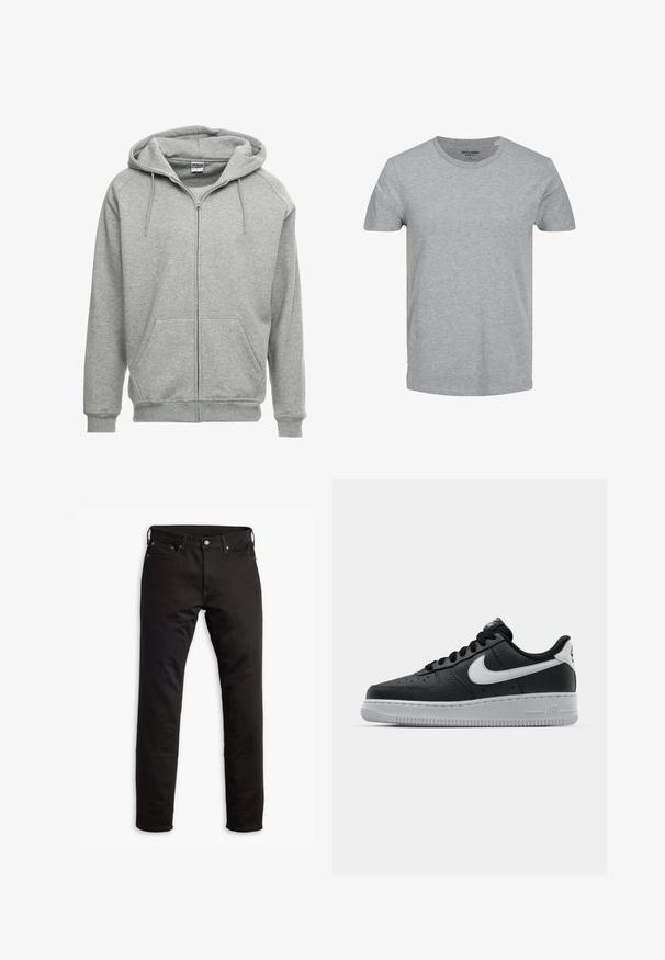 Grå zip-up hættetrøje med en rummelig hætte, kengurulommer og ribbede manchetter. Stoffet ser blødt og tekstureret ud, velegnet til afslappet brug.; Grå kortærmet T-shirt lavet af blød bomuld. Har en klassisk rund halsudskæring og en regulær pasform. Enkel design uden mønstre eller detaljer.; Sorte denimjeans med et lige ben-design, forlommer og knaplukning. Stoffet har en glat tekstur og minimal detaljering.; Sort lædersneaker med tekstureret overflade, hvid Nike swoosh, grå sål, rund tå og snørebåndsdesign. Har perforeringer på tåboksen.