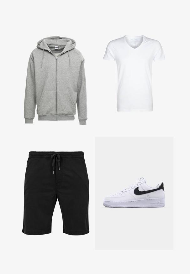 Grijze zip-up hoodie met een ruime capuchon, kangoeroe-zakken en geribbelde manchetten. De stof lijkt zacht en gestructureerd, geschikt voor casual wear.; Witte V-hals t-shirt gemaakt van zachte katoen. Korte mouwen, een relaxte pasvorm en minimale stiksels. Geen patronen of grafische afbeeldingen aanwezig.; Zwarte shorts gemaakt van lichtgewicht stof, met een elastische tailleband en een trekkoord, zijzakken en een gepasste zoom.; Witte leren sneaker met een gestructureerde zwarte Swoosh, platte veters en een rubberen zool met een geribbeld patroon. "AIR" is in de hak geperst.