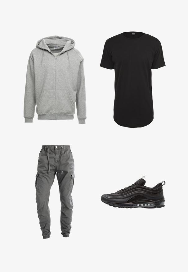 Grijze zip-up hoodie met een ruime capuchon, kangoeroe-zakken en geribbelde manchetten. De stof lijkt zacht en gestructureerd, geschikt voor casual wear.; Zwart T-shirt met korte mouwen, gemaakt van katoen. Heeft een ronde hals en een rechte snit met een iets langere achterkant. Zachte textuur.; Cargo broek in donkergrijze stof met een elastische tailleband, trekkoord en zijzakken, met een taps toelopend beend ontwerp.; Zwarte sport sneaker met een glad bovenwerk van synthetisch materiaal, gerimpeld ontwerp, textielaccenten en een zichtbare luchtkussenzool.
