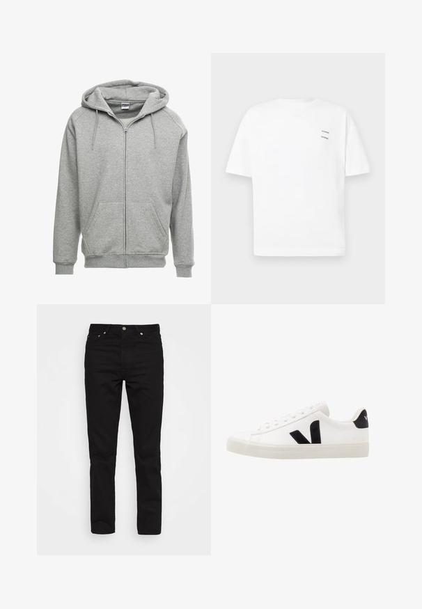 Grå zip-up hættetrøje med en rummelig hætte, kengurulommer og ribbede manchetter. Stoffet ser blødt og tekstureret ud, velegnet til afslappet brug.; Hvid bomulds t-shirt med en afslappet pasform, korte ærmer og V-udskæring. Har to små sorte trykte logoer på venstre side.; Sorte denimbukser med lige ben, fem lommer og metalbeslag; glat tekstur og klassisk mørk farve.; Hvide lædersneakers med sorte ruskindsdetaljer; har en gummisål, rund tå og klassisk snørebåndsdesign. Side logo i sort.