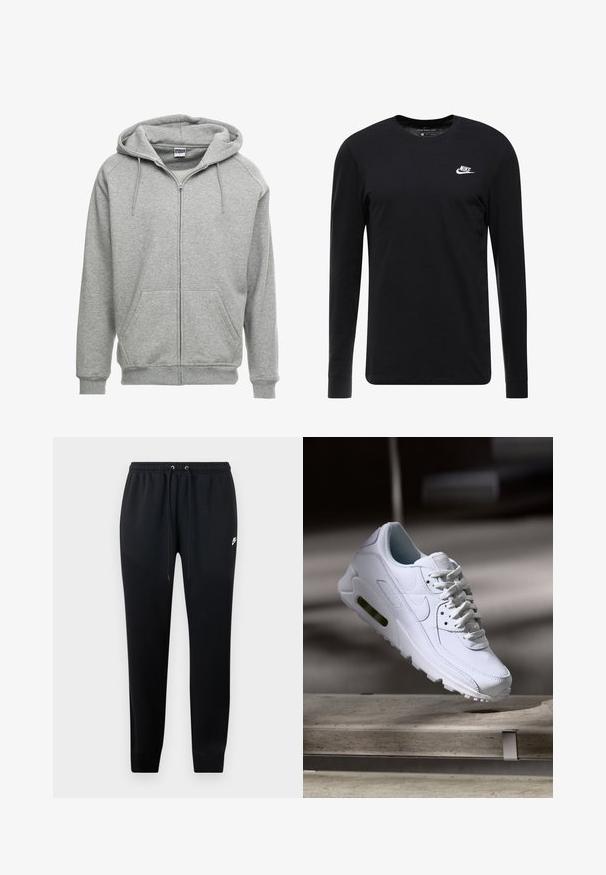 Grijze zip-up hoodie met een ruime capuchon, kangoeroe-zakken en geribbelde manchetten. De stof lijkt zacht en gestructureerd, geschikt voor casual wear.; Zwart langemouwen T-shirt van katoen, met een ronde hals, ribgebreide manchetten en een klein wit Nike-logo op de borst.; Zwarte sweatpants van zacht materiaal, met een elastische tailleband met trekkoord, cuffs bij de enkels en een klein logo-detail aan de zijkant.; Witte leren sneaker met gestructureerde oppervlakken, gevoerde kraag en zichtbare luchtbescherming in de zool. Heeft veters en een minimalistisch ontwerp.