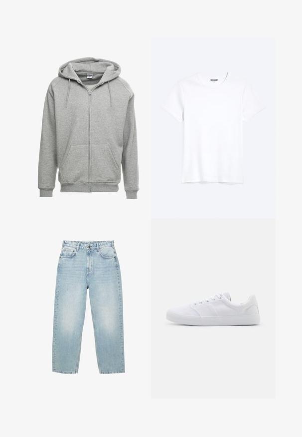 Grijze zip-up hoodie met een ruime capuchon, kangoeroe-zakken en geribbelde manchetten. De stof lijkt zacht en gestructureerd, geschikt voor casual wear.; Effen witte T-shirt met korte mouwen en ronde hals met een zichtbaar WEEKDAY-merklabel bij de nek, weergegeven op een lichte achtergrond.; Lichtblauwe high-waist spijkerbroek met een rechte pijp, voor- en achterzakken en een knoopsluiting met zichtbare stiksels.; Witte canvas sneakers met een rubberen zool, voorzien van zes oogjes, een gestructureerde neuskap en een minimalistisch ontwerp.