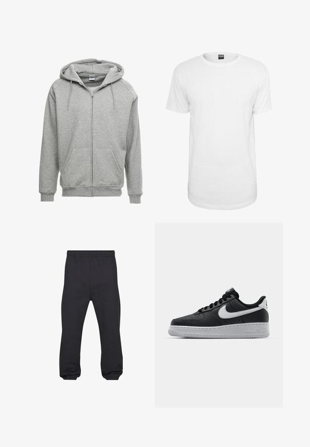 Sweat à capuche zippé gris avec une capuche spacieuse, des poches kangourou et des poignets côtelés. Le tissu semble doux et texturé, adapté pour un usage décontracté.; T-shirt blanc à manches courtes en coton, avec un col rond classique, une coupe décontractée et sans motifs ni logos visibles.; Pantalon de jogging noir avec taille élastique et poignets élastiques, fabriqué dans un tissu doux et lisse, présenté à plat de face.; Baskets en cuir noir avec surface texturée, swoosh Nike blanc, semelle grise, bout rond et design à lacets. Comprend des perforations sur la boîte à orteils.