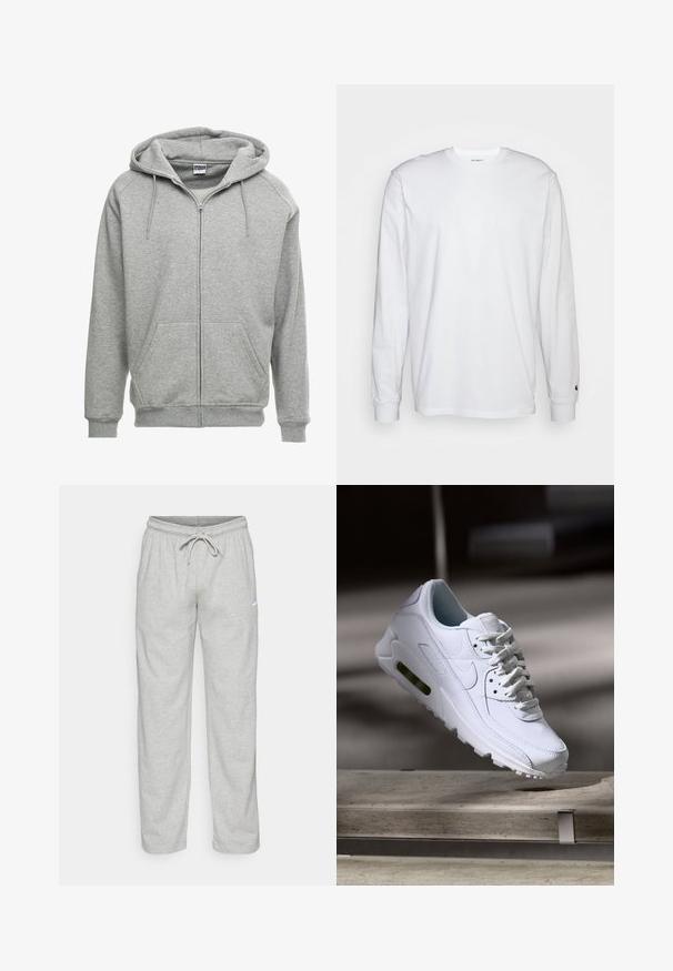 Grå zip-up hættetrøje med en rummelig hætte, kengurulommer og ribbede manchetter. Stoffet ser blødt og tekstureret ud, velegnet til afslappet brug.; Hvid langærmet T-shirt lavet af bomuld. Rund halsudskæring med ribbede manchetter og et lille logo på venstre ærme. Glat tekstur.; Lys grå sweatpants lavet af blødt stof. Har en elastisk talje med snøre og Nike-logo i sort på venstre lår.; Hvide lædersneakers med teksturerede overflader, polstret krave og synlig luftpolstring i sålen. Har snørrebånd og et minimalistisk design.
