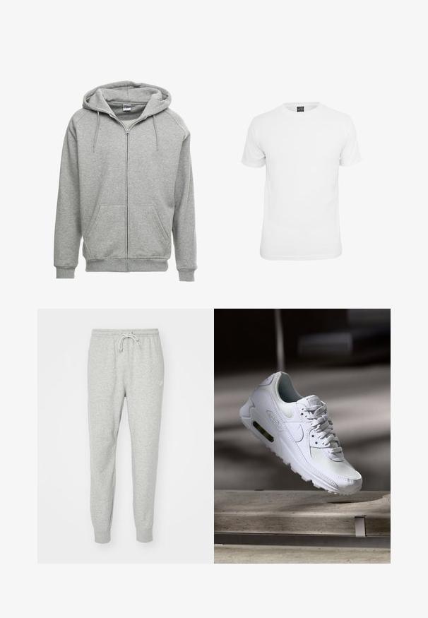 Grå zip-up hættetrøje med en rummelig hætte, kengurulommer og ribbede manchetter. Stoffet ser blødt og tekstureret ud, velegnet til afslappet brug.; Hvid kortærmet t-shirt, lavet af bomuld, med en klassisk rund hals og en glat tekstur, designet til afslappet brug.; Grå sweatpants lavet af blødt materiale med elastisk talje, snorelukning og ribbede cuffs. Har et lille logo på siden.; Hvide Nike Air Max 90 sneakers med en overdel i mesh og læder, perforeret tåboks og en synlig luftenhed i hælen.