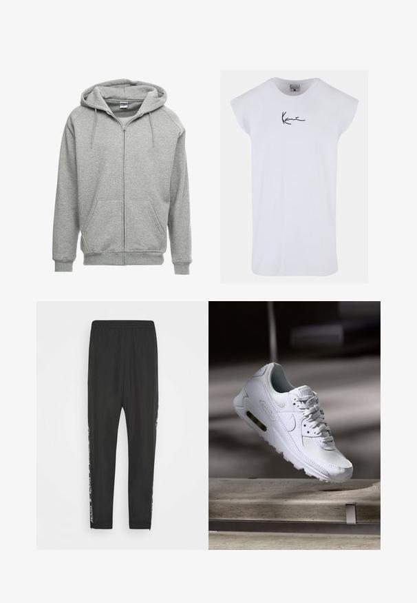 Halli hallidega hall zip-up kapuutsiga, ruumikate taskutega, ja soonikkrae ratastega. Kangas näeb pehme ja tekstuurina välja, sobib igapäevaseks kandmiseks.; Karl Kani SMALL SIGNATURE TEE - Topp - white; Mustad musta värvi sportpüksid elastse vöökohaga, kitsenevate jalgade ja kontrastsete külgtriipudega, millel on graafiline disain. Sile tekstuur, kerge kangas.; Valged Nike Air Max 90 sneakers, millel on võrkkangast ja nahast ülemine osa, aukudega varbadosa ning nähtav õhuüksus kandades.