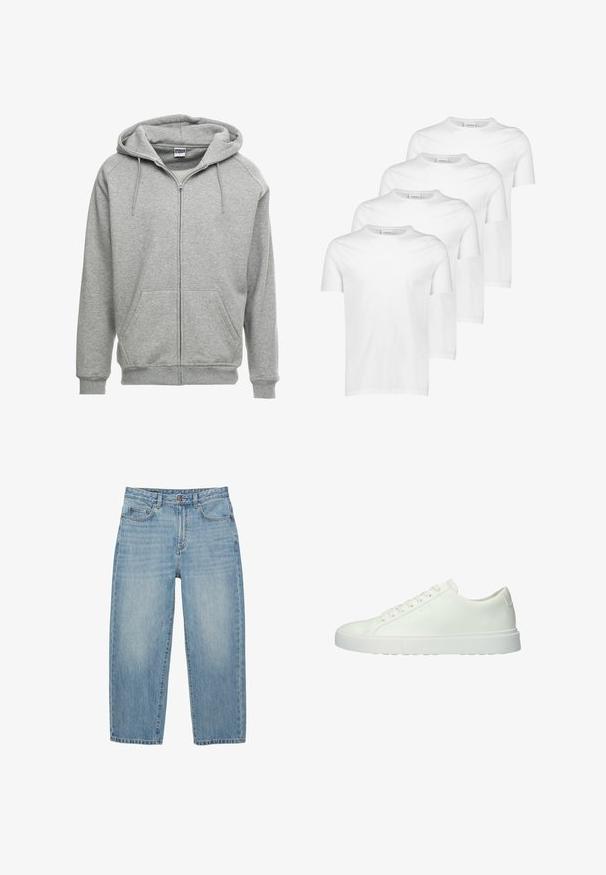 Grijze zip-up hoodie met een ruime capuchon, kangoeroe-zakken en geribbelde manchetten. De stof lijkt zacht en gestructureerd, geschikt voor casual wear.; Witte katoenen T-shirts, korte mouwen, ronde halslijn, gladde textuur, vier stuks gestapeld met een consistent ontwerp en zonder patronen of accenten.; Lichtblauwe denim jeans met rechte pijpen, voorzien van een knoopsluiting aan de voorkant, rits en een ontwerp met vijf zakken, tegen een witte achtergrond.; Witte leren sneakers met een lage profiel, ronde neus, zes vetergaatjes en een getextureerde rubberen zool, met een minimalistisch ontwerp en zonder zichtbare branding.