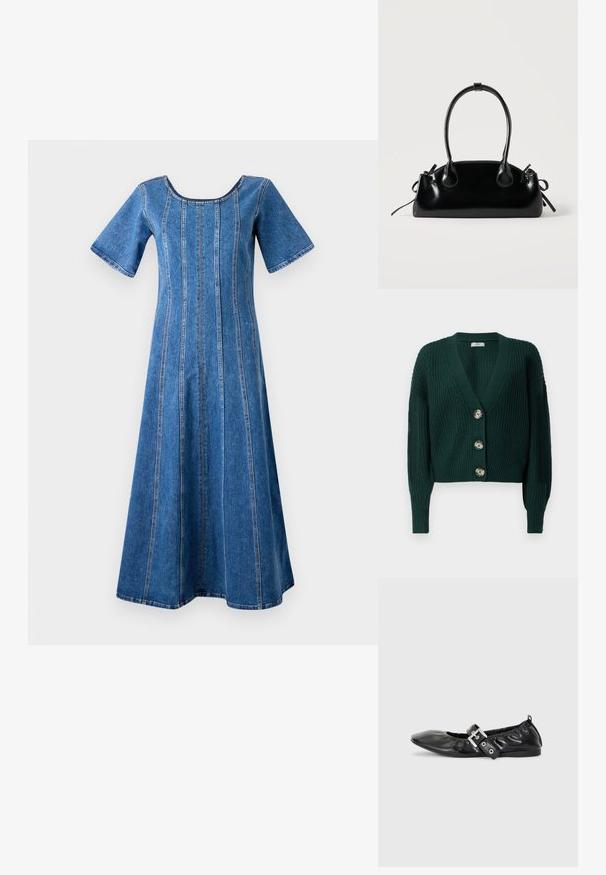 Chaqueta de punto grueso de color verde oscuro con mangas largas, escote en V profundo, puños y bajo acanalados, y tres grandes botones redondos en la parte delantera.; Object Midi Denim - Vestido informal - medium blue denim; Zapato plano de piel negra con puntera afilada, detalle fruncido alrededor de la abertura y un acento de hebilla plateada en la correa ajustable.; Pequeño bolso negro brillante con dos asas largas y detalles de cordón lateral sobre un fondo claro liso.