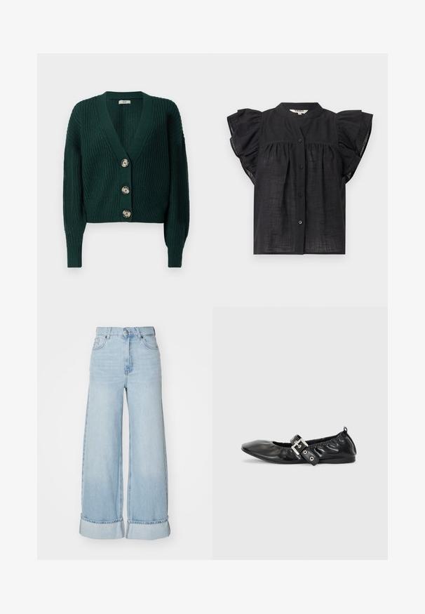 Chaqueta de punto grueso de color verde oscuro con mangas largas, escote en V profundo, puños y bajo acanalados, y tres grandes botones redondos en la parte delantera.; Blusa negra de manga corta con mangas con volantes, cierre de botones en la parte delantera, detalle fruncido debajo del pecho y escote redondo.; Jeans de pierna ancha en azul claro con cintura alta, puños enrollados y textura clásica de denim. Presenta bolsillos frontales y cierre con cremallera.; Zapato plano de piel negra con puntera afilada, detalle fruncido alrededor de la abertura y un acento de hebilla plateada en la correa ajustable.