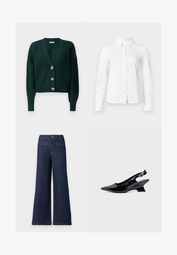 Chaqueta de punto grueso de color verde oscuro con mangas largas, escote en V profundo, puños y bajo acanalados, y tres grandes botones redondos en la parte delantera.; Camisa blanca de manga larga con botones, cuello puntiagudo, bajo recto y silueta ajustada, presentada sobre un fondo claro y liso.; Pantalones de denim de pierna ancha en azul oscuro, con una cintura alta, cierre de botón en la parte superior y costuras naranjas en contraste. Dos bolsillos traseros visibles.; Zapato slingback de cuero charol negro con puntera puntiaguda y tacón bajo en bloque inclinado sobre fondo claro liso.