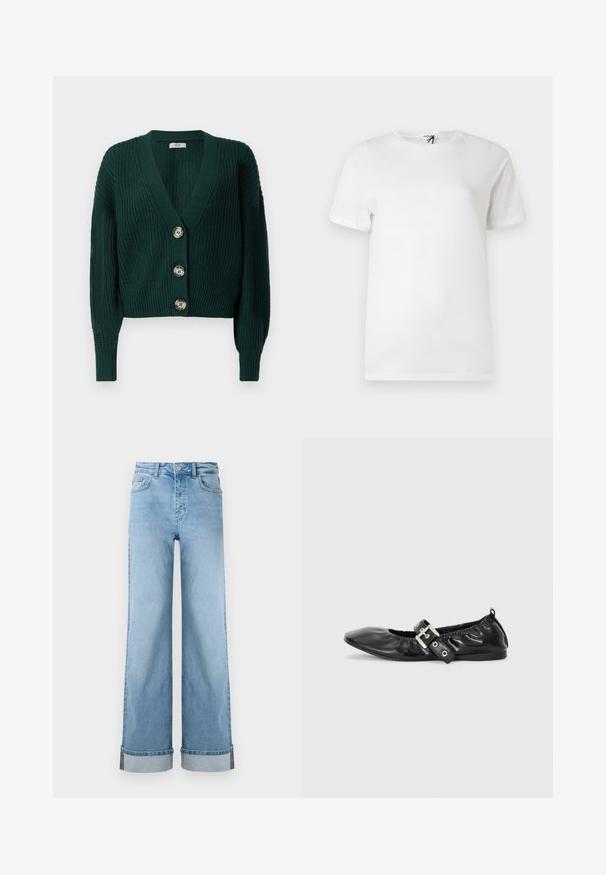 Donkergroene grofgebreide cardigan met lange mouwen, diepe V-hals, geribde manchetten en zoom, en drie grote ronde knopen aan de voorkant.; Effen wit katoenen T-shirt met korte mouwen en een ronde hals, voorzien van een klein subtiel logo vlak bij de borst en een label bij de kraag.; Lichtblauwe wijde jeans van klassieke denim met een hoge taille, voorzien van opgerolde zomen en zichtbare stiksels.; Zwarte leren platte schoen met een spitse neus, geplooide details rond de opening en een zilveren gespaccentueerde verstelbare band.