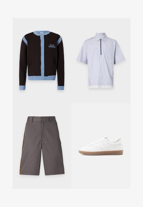 Čierny cardigan so svetlomodrými akcentmi, s gombíkovým zapínaním a vreckami. Logo "BLUE MARBLE" je vyšívané modrou farbou na hrudi.; Košela s krátkym rukávom a golierom z svetlomodrej tkaniny, ktorá má predný zips, dve náprsné vrecká a bielu čipkovanú obrubu na spodnej časti.; Sivé šortky vyrobené z hladkej látky, s bočnými panelmi v leopardom vzore, plochým predným dielom a štandardným pásom.; Biela nízka teniska s podrážkou z gumovej gumy, prešitými detailmi a zaväzovaním na šnúrky na neutrálnom pozadí.