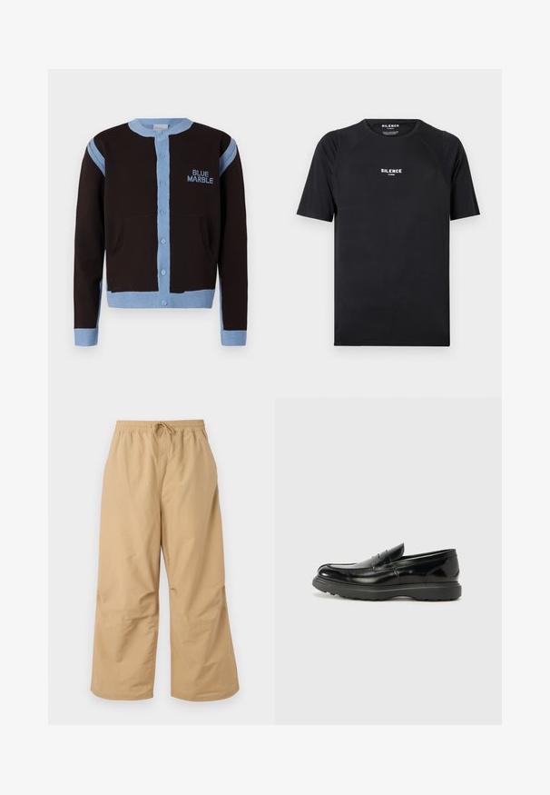 Schwarze Strickjacke mit hellblauen Akzenten, mit Knopfleiste und Taschen. Das "BLUE MARBLE" Logo ist in Blau auf der Brust gestickt.; Schwarzes T-Shirt mit kurzen Ärmeln aus glattem Stoff, ausgestattet mit einem Rundhalsausschnitt und einem weißen "SILENCE"-Logo auf der Brust.; Beige weite Hosen aus leichtem Stoff, mit einem elastischen Bund und einer Kordel sowie genähten Akzenten in der Nähe des Saums.; Schwarze Lederloafer mit glanzendem Finish, abgerundetem Zehenbereich, subtilen Steppnähten und einer dicken Gummisohle für Langlebigkeit.