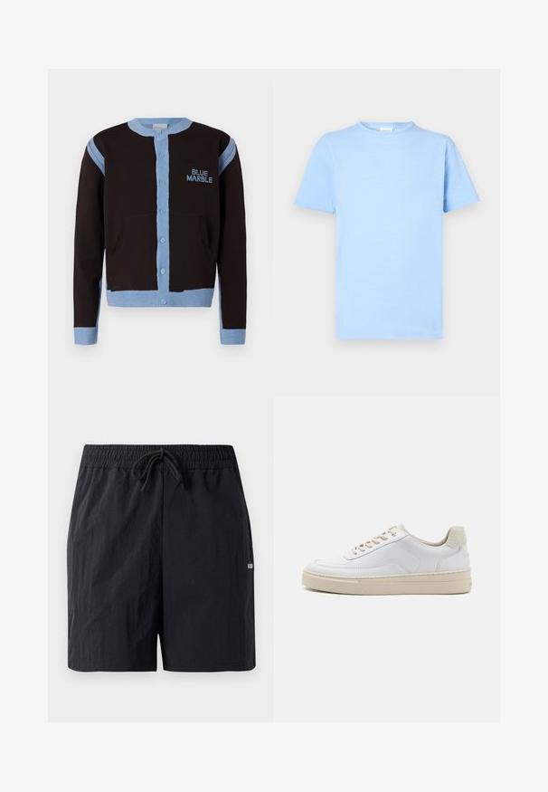 Čierny cardigan so svetlomodrými akcentmi, s gombíkovým zapínaním a vreckami. Logo "BLUE MARBLE" je vyšívané modrou farbou na hrudi.; Svetlomodré tričko s krátkym rukávom vyrobené z mäkkej tkaniny. Dizajn s okrúhlym výstrihom, rovný lem a minimálna textúra. Bez vzorov a ozdôb.; Čierne plavecké šortky vyrobené z textúrovanej tkaniny, s elastickým pásom a šnúrkou na sťahovanie a malým logom na boku.; Biele tenisky s hladkým koženým zvrškom, béžovými šnúrkami a textúrovaným béžovým semišovým pätovým panelom. Zvýšená podrážka pre väčšiu výšku.